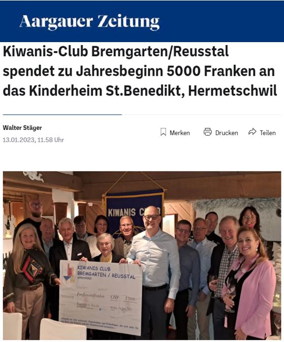 Stationäre Sonderschule, St. Benedikt Hermetschwil - 2023 - 13.01.2023
Aargauer Zeitung
Kiwanis-Club Bremgarten/Reusstal, Spende